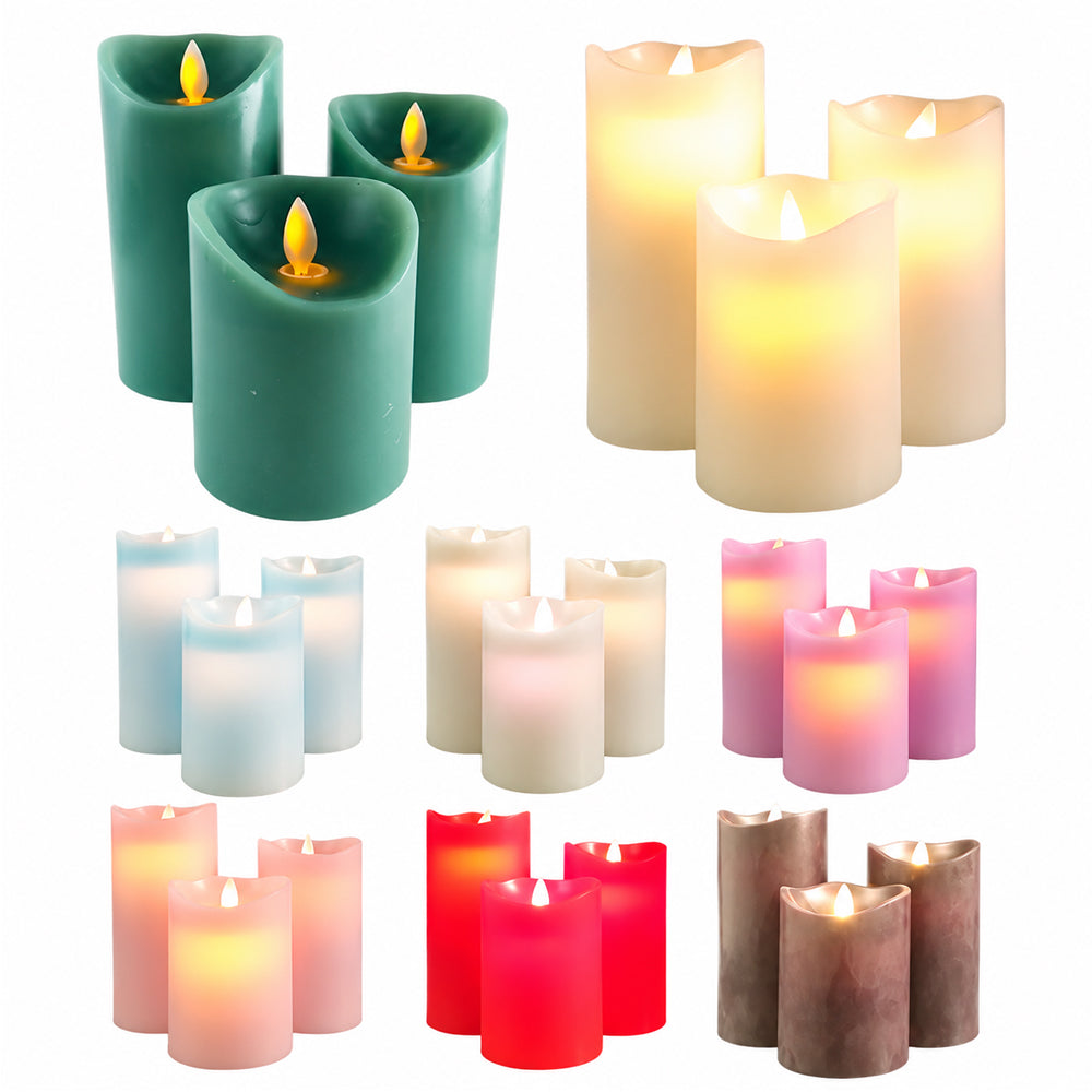 LED blok stearinlys - 3 stk. - 12/15/17 cm - m/3D flamme - (Flere farver)