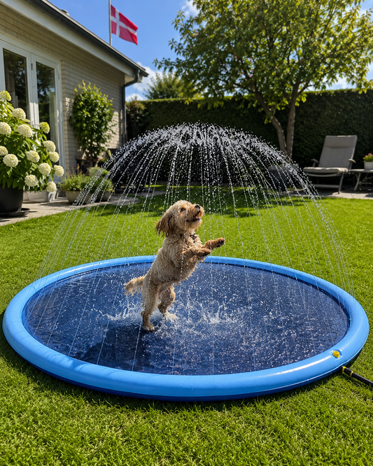 Hundepool med vandsprinkler (fås i størrelser til store og små hunde)