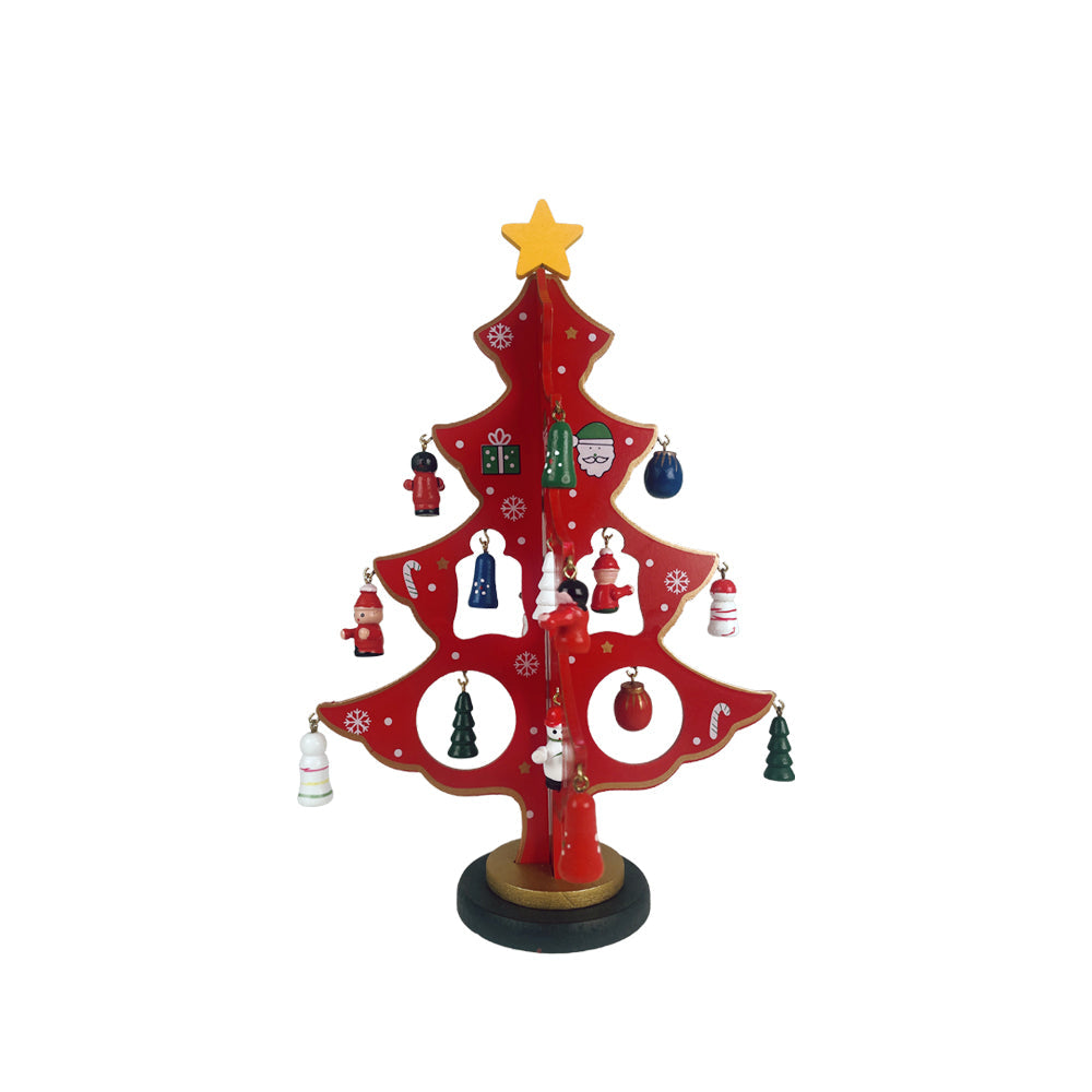 Juletræer i træ – hver med 20 håndmalede figurer, rød eller grøn (Højde 25,5 cm.)