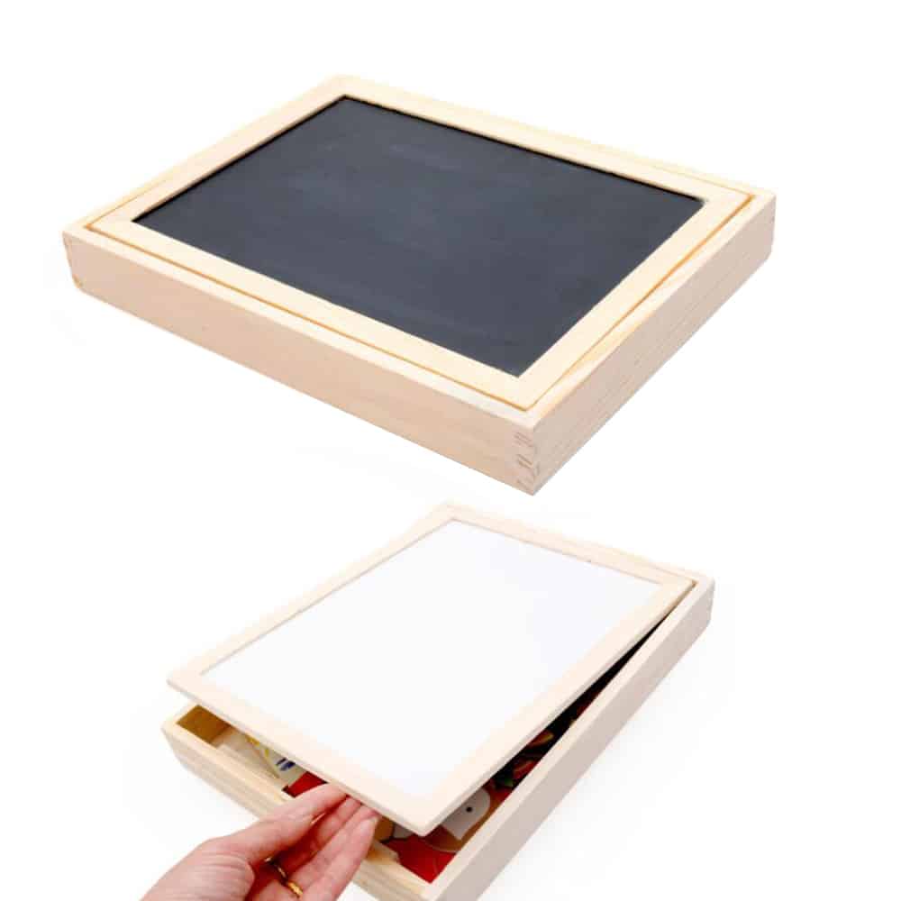 Magnetisk tavle af træ med whiteboard og kridttavle