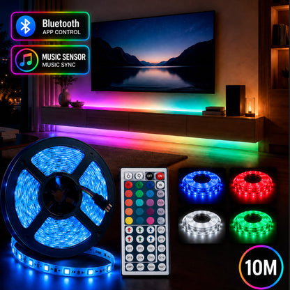 LED Strip lyskæde 10 meter m/Bluetooth, musiksensor og fjernbetjening