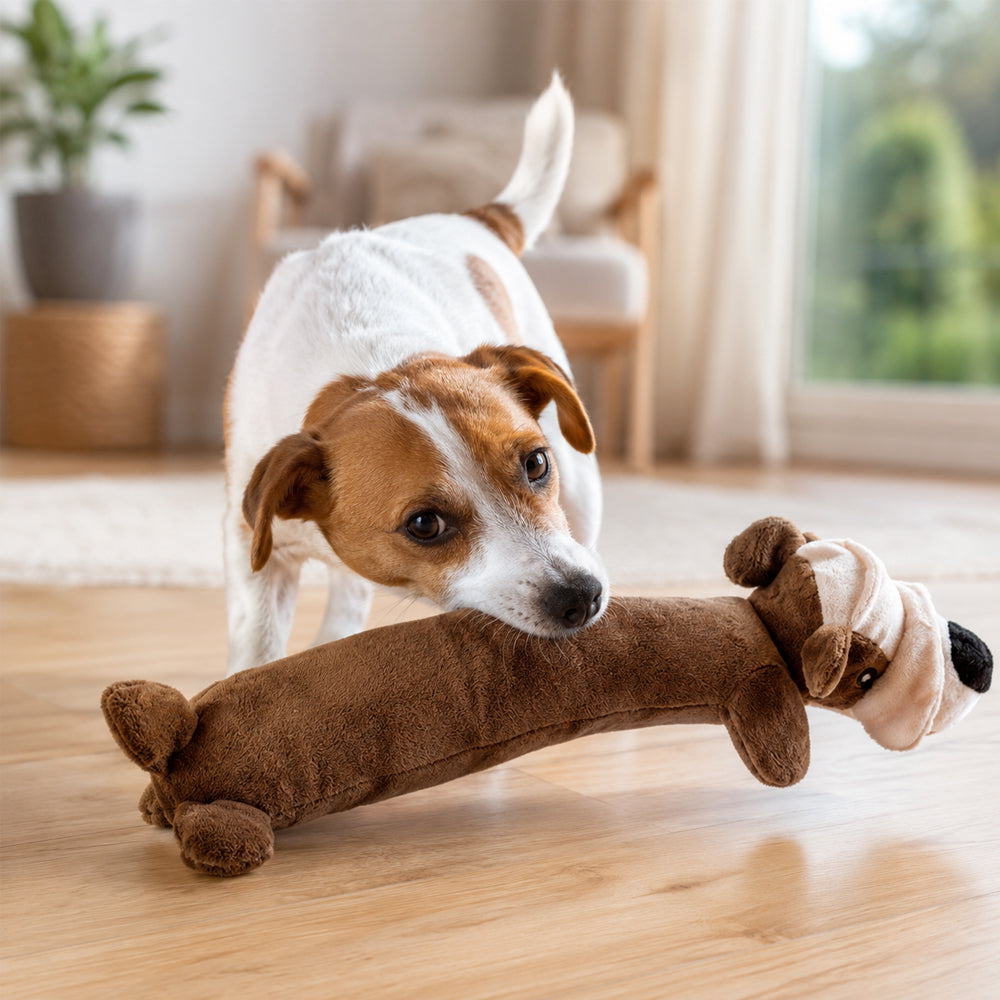 Blødt plyslegetøj til hund – med piv