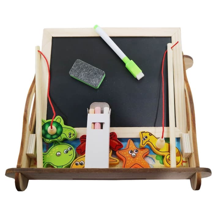 Magnetisk fiskesø m/kridttavle & whiteboard (dobbeltsidet) med figurer i træ