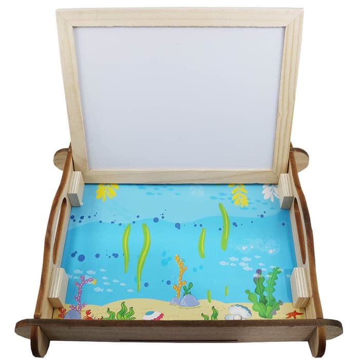 Magnetisk fiskesø m/kridttavle & whiteboard (dobbeltsidet) med figurer i træ