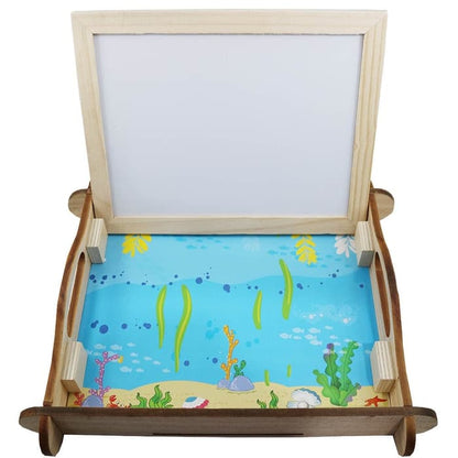 Magnetisk fiskesø m/kridttavle & whiteboard (dobbeltsidet) med figurer i træ