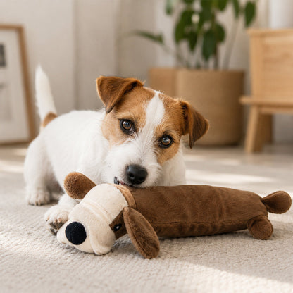 Blødt plyslegetøj til hund – med piv