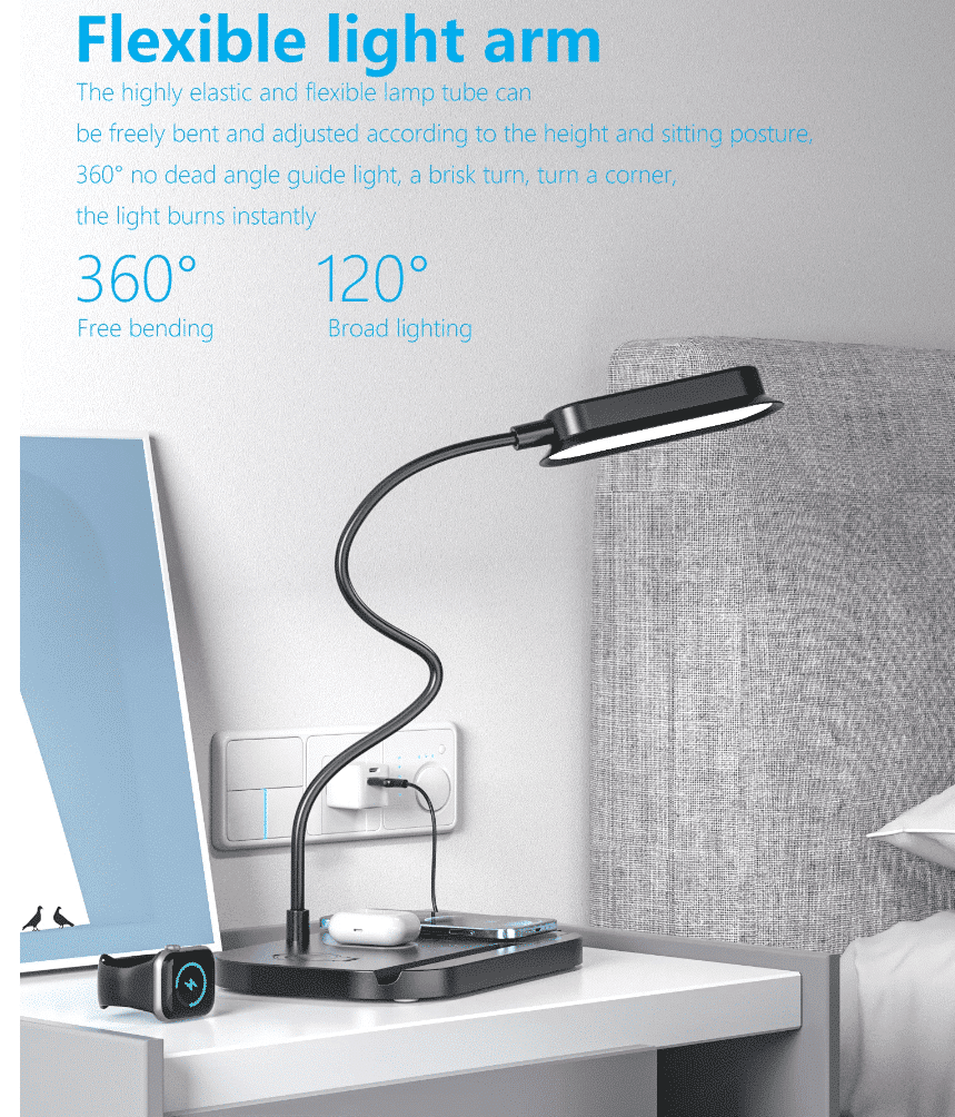 LED-bordlampe m/lysdæmper & trådløs oplader til smartphones (4-i-1)