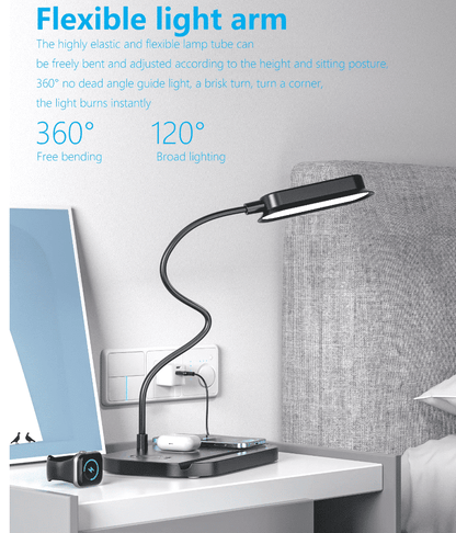 LED-bordlampe m/lysdæmper & trådløs oplader til smartphones (4-i-1)