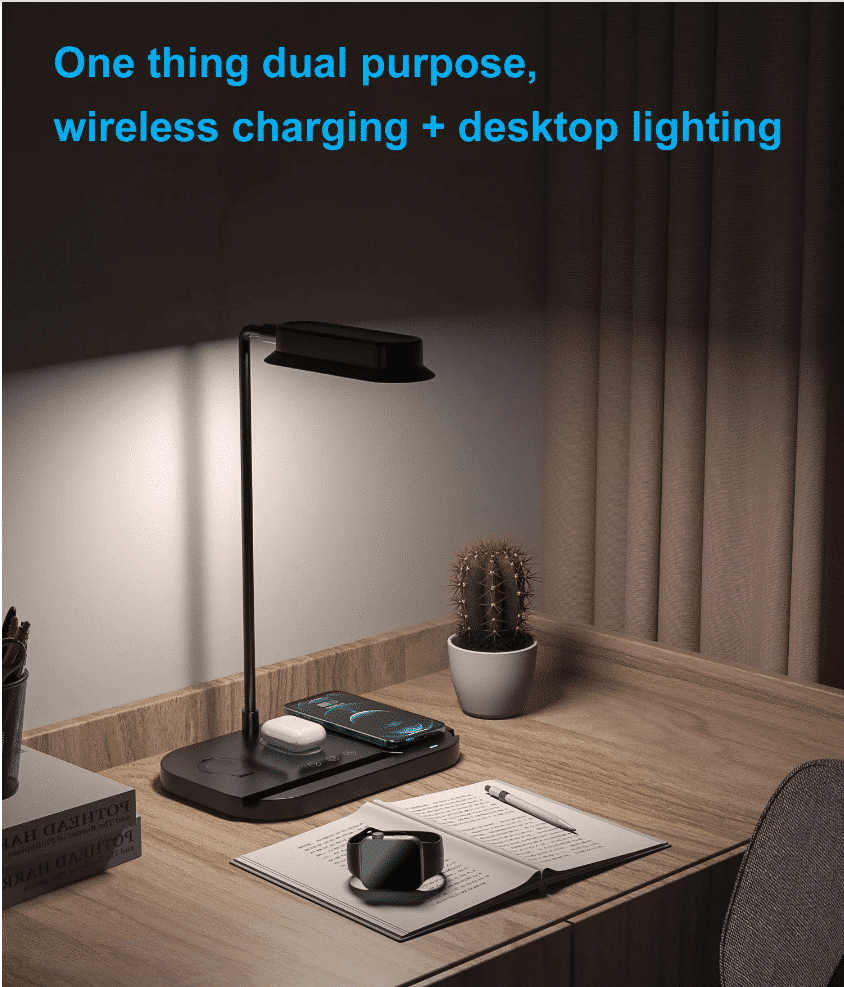 LED-bordlampe m/lysdæmper & trådløs oplader til smartphones (4-i-1)