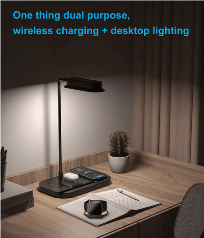 LED-bordlampe m/lysdæmper & trådløs oplader til smartphones (4-i-1)