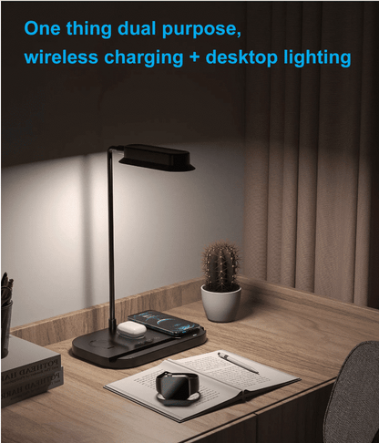 LED-bordlampe m/lysdæmper & trådløs oplader til smartphones (4-i-1)