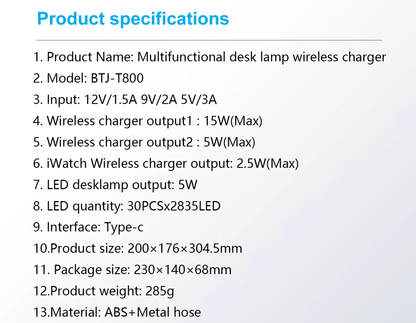 LED-bordlampe m/lysdæmper & trådløs oplader til smartphones (4-i-1)