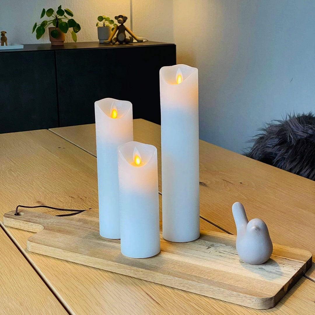 LED stearinlys - 3 stk. - 15/20/25 cm - m/3D flamme - (flere farver)