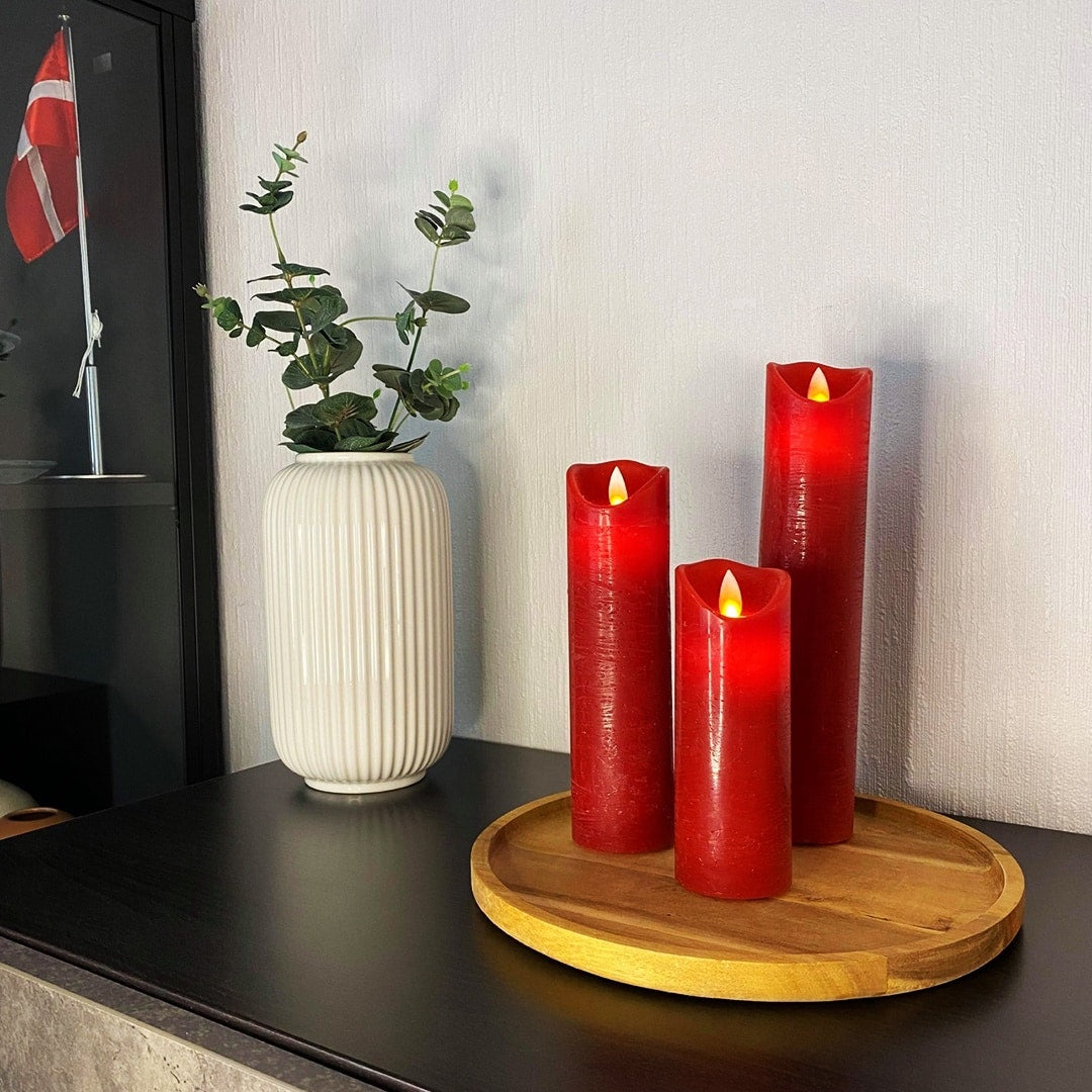 LED stearinlys - 3 stk. - 15/20/25 cm - m/3D flamme - (flere farver)