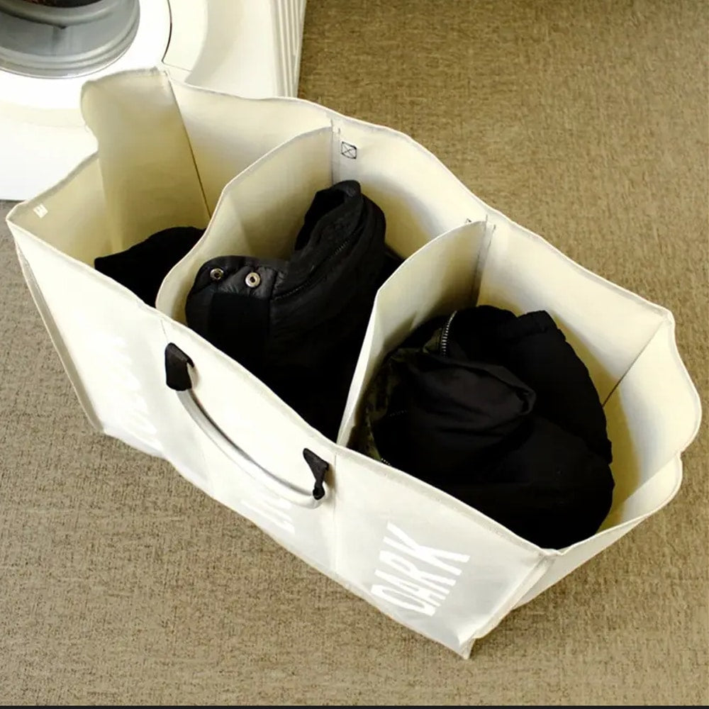 Vasketøjskurv 3 rum - foldbar med håndtag - sort, grå eller lysegrå -