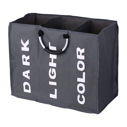 Vasketøjskurv 3 rum - foldbar med håndtag - sort, grå eller lysegrå -