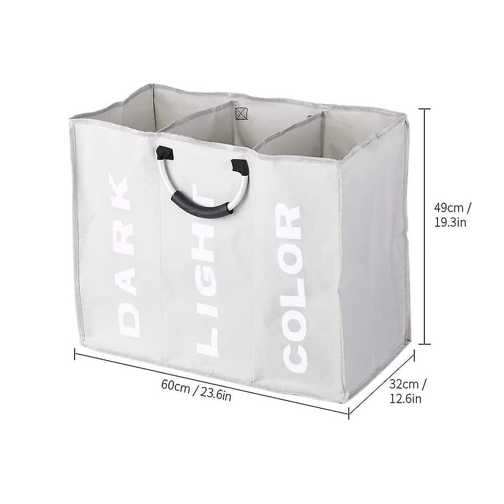 Vasketøjskurv 3 rum - foldbar med håndtag - sort, grå eller lysegrå -