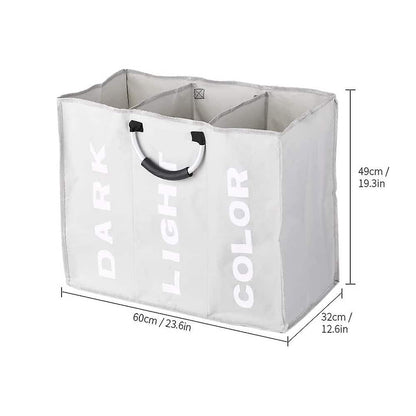 Vasketøjskurv 3 rum - foldbar med håndtag - sort, grå eller lysegrå -