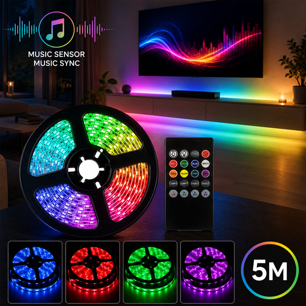 LED Strip lyskæde 5 meter med fjernbetjening og musiksensor