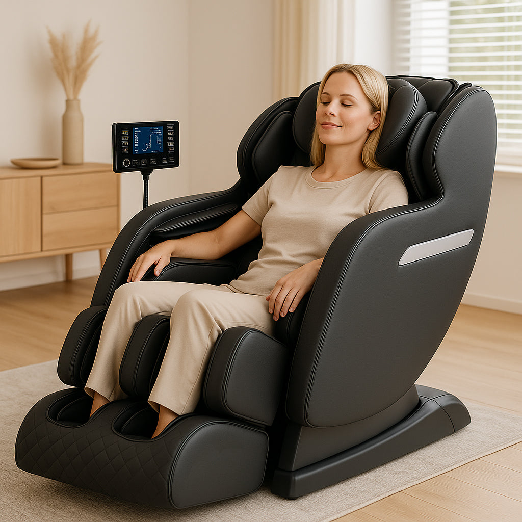 Massagestol 4D med SL-teknologi, lufttryksmassage, Varmeterapi og stor touchskærm - Model A6 Sort