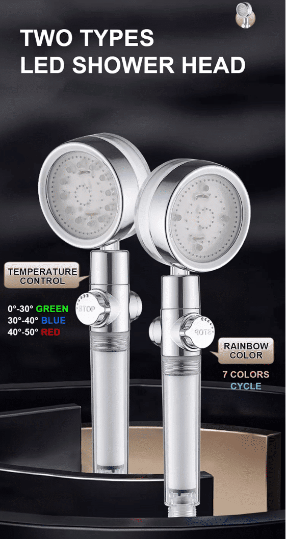 Vandbesparende bruse hoved med temperaturkontrol i farverig LED lys