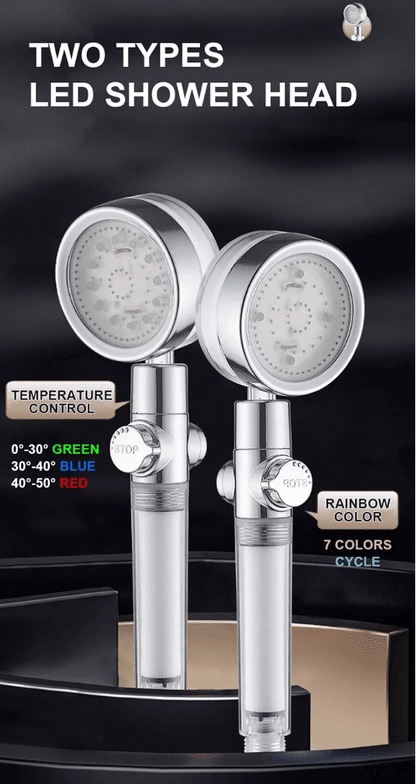 Vandbesparende bruse hoved med temperaturkontrol i farverig LED lys