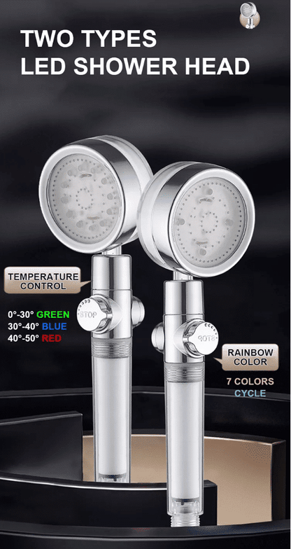Vandbesparende bruse hoved med temperaturkontrol i farverig LED lys