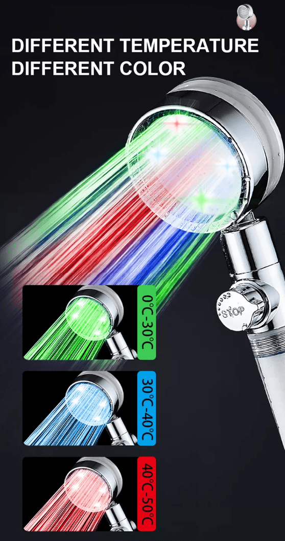 Vandbesparende bruse hoved med temperaturkontrol i farverig LED lys