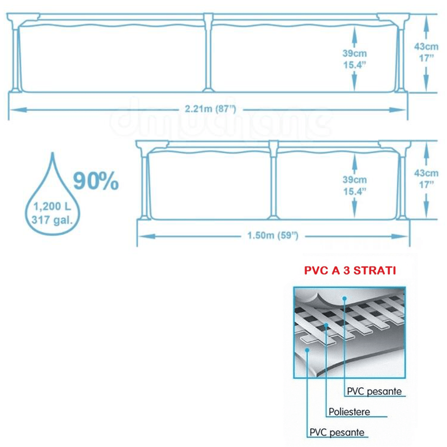 Pool 1200L fra Bestway -Rektangulær m/metal ramme 221 x 150 x 43 cm