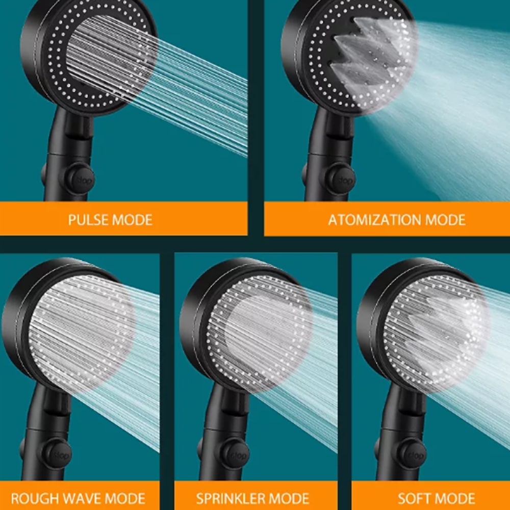 Vandbesparende brusehoved m/5 funktioner (spare op til 40% vand) - sort