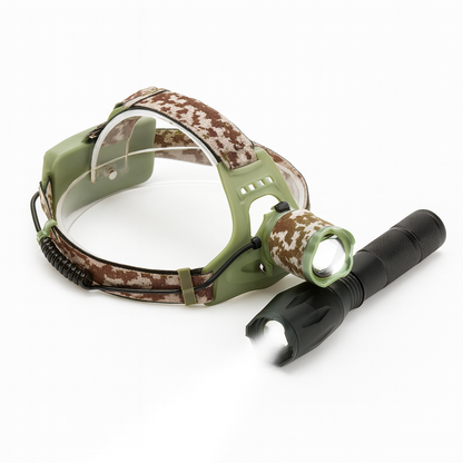 LED Bundle: kraftig pandelampe & vandtæt taclight lommelygte