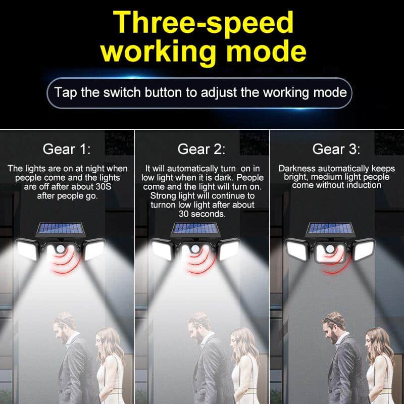 Kraftig LED-Solcellelampe med 3 spot og bevægelsessensor