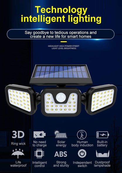 Kraftig LED-Solcellelampe med 3 spot og bevægelsessensor