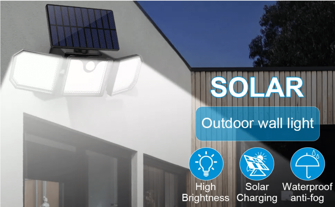 Kraftig LED-Solcellelampe med 3 spot og bevægelsessensor