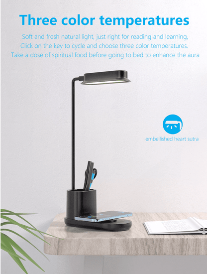 LED-Bordlampe m/lysdæmper & trådløs oplader til smartphones (3-i-1)