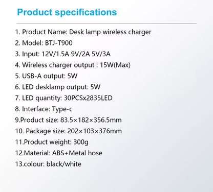 LED-Bordlampe m/lysdæmper & trådløs oplader til smartphones (3-i-1)