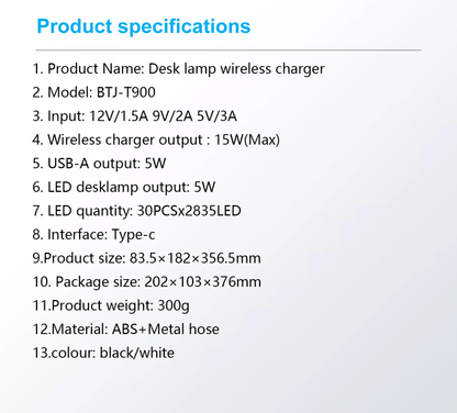 LED-Bordlampe m/lysdæmper & trådløs oplader til smartphones (3-i-1)