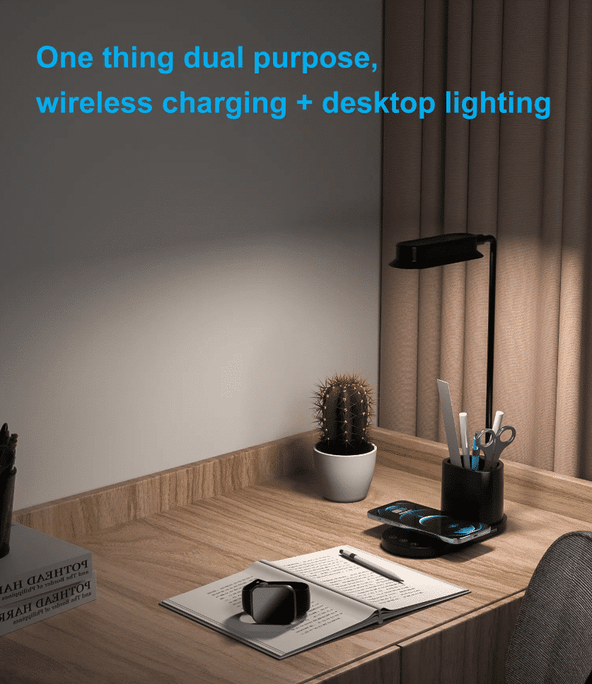 LED-Bordlampe m/lysdæmper & trådløs oplader til smartphones (3-i-1)