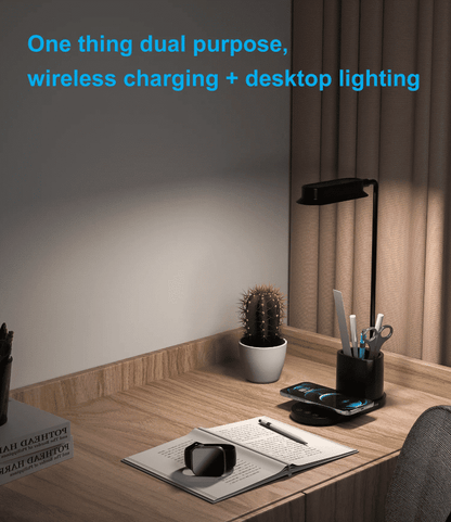 LED-Bordlampe m/lysdæmper & trådløs oplader til smartphones (3-i-1)