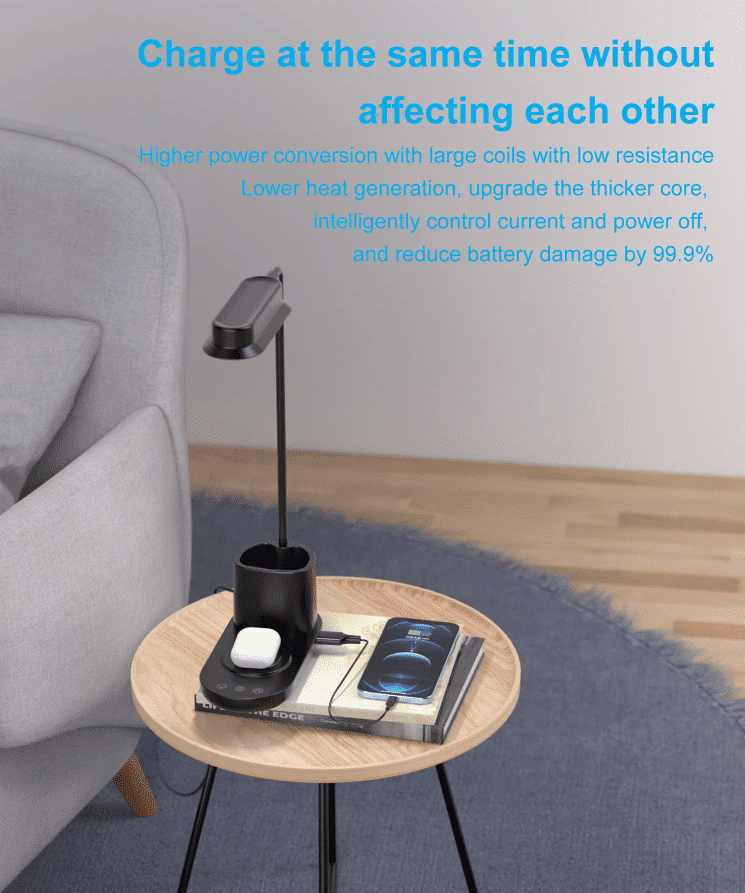 LED-Bordlampe m/lysdæmper & trådløs oplader til smartphones (3-i-1)