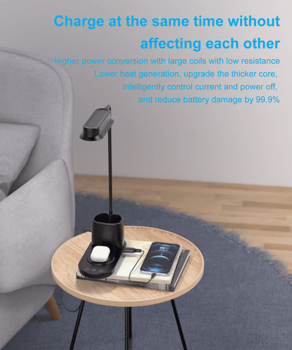 LED-Bordlampe m/lysdæmper & trådløs oplader til smartphones (3-i-1)