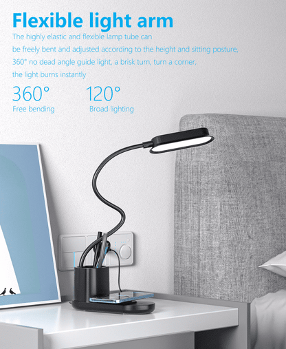 LED-Bordlampe m/lysdæmper & trådløs oplader til smartphones (3-i-1)