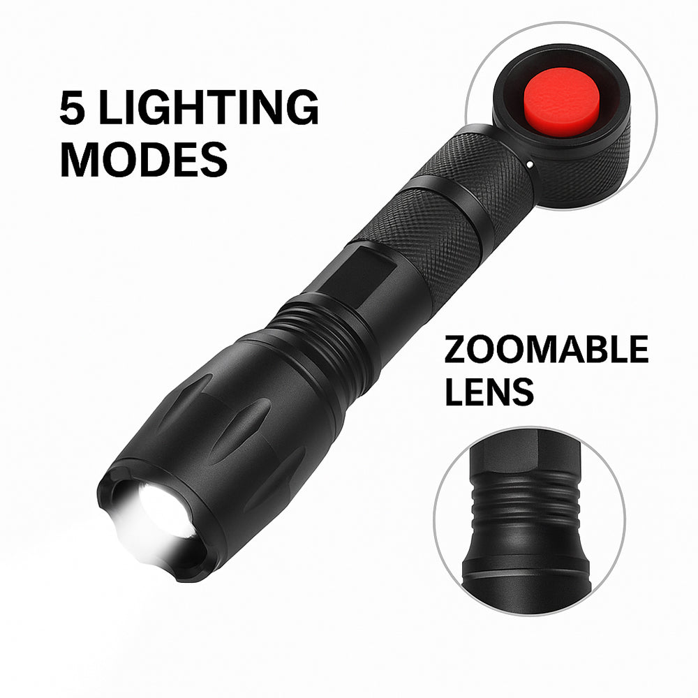 Taclight LED zoom lommelygte (vandtæt og stødsikker) m/5 funktioner