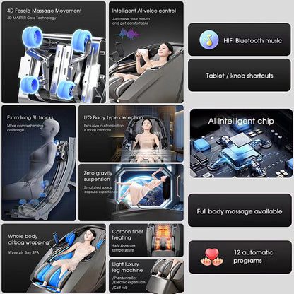 Massagestol 4D, Lux Pro med en af markedets bedste SL-skinner og intelligent AI-styring – Model 988F6