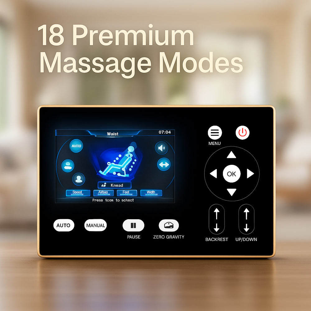 Massagestol 4D Luksus Pro+ med SL-teknologi, Varmeterapi, Stemme Kontrol & Touchskærm - Model M5 grå
