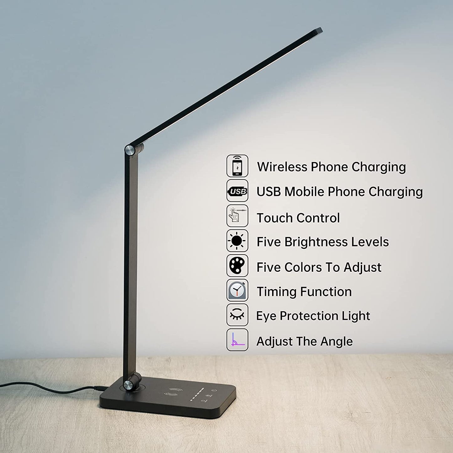 LED-bordlampe/foldelampe m. trådløs oplader, 5 farver og touch