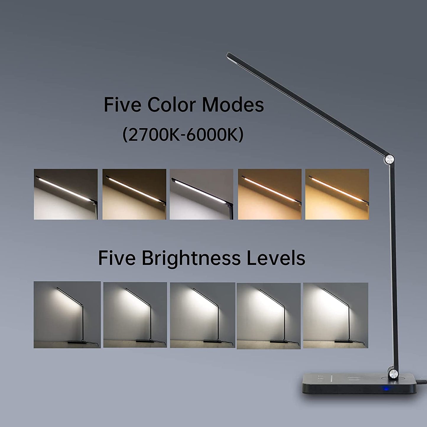 LED-bordlampe/foldelampe m. trådløs oplader, 5 farver og touch