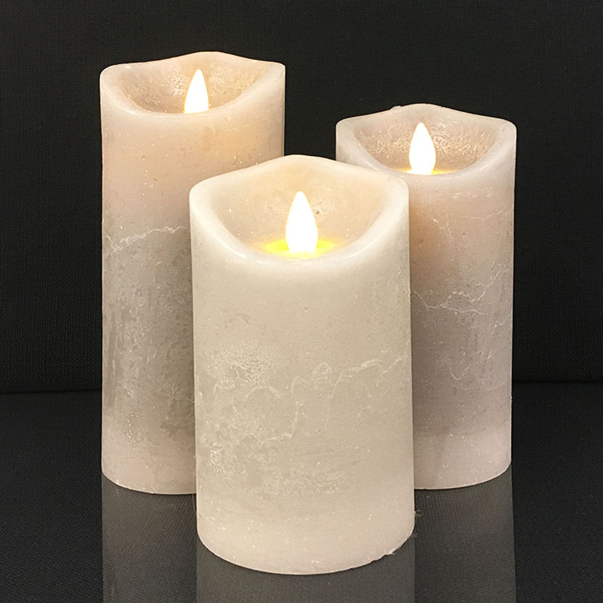 LED blok stearinlys - RUSTIK - 3 stk. - 10/12,5/15 cm - m/3D flamme - (flere farver)