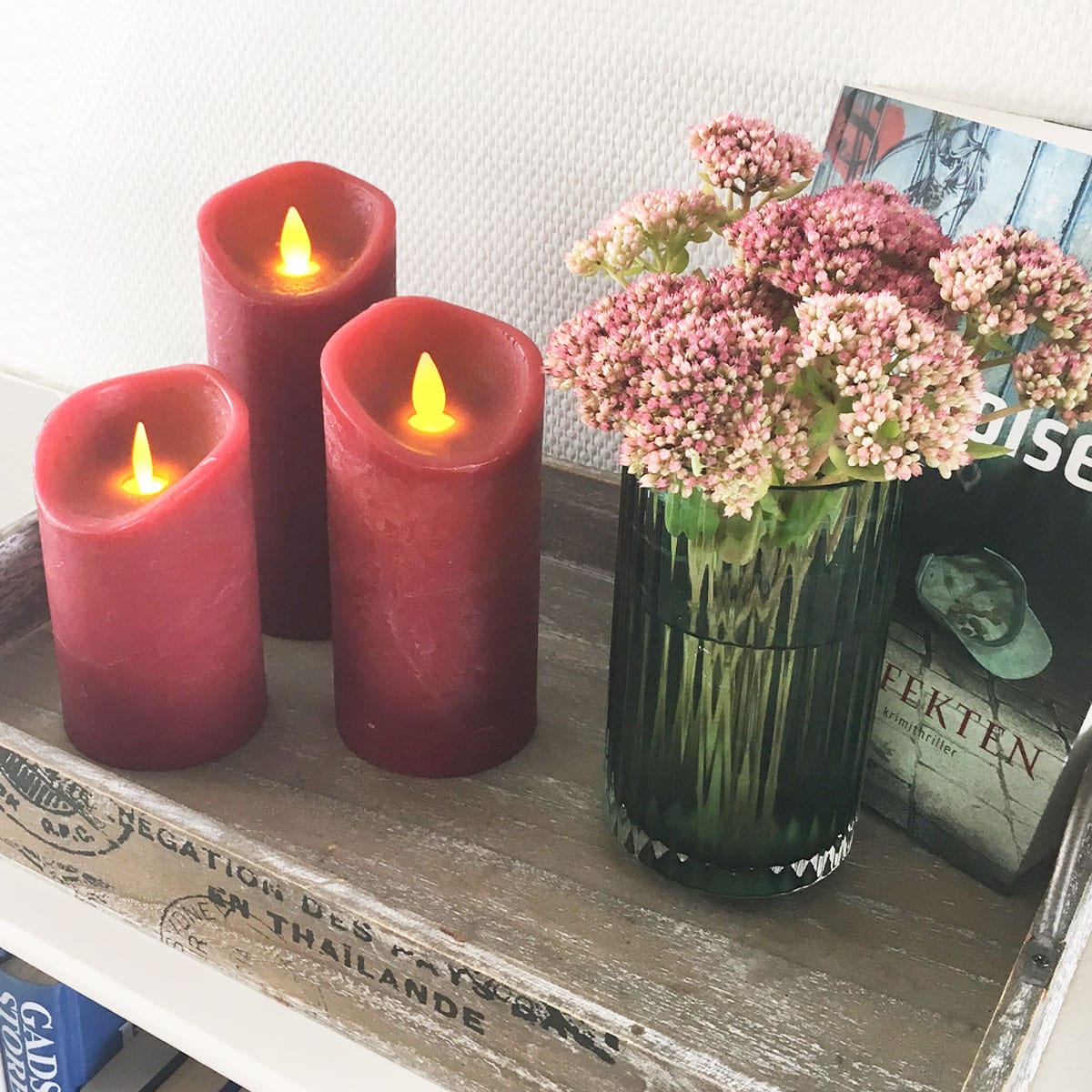 LED-Blok stearinlys m/fjernbetjening -  Genopladelig - 3 stk. - 12/15/17 cm - m/3D flamme