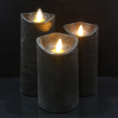 LED blok stearinlys - RUSTIK - 3 stk. - 10/12,5/15 cm - m/3D flamme - (flere farver)